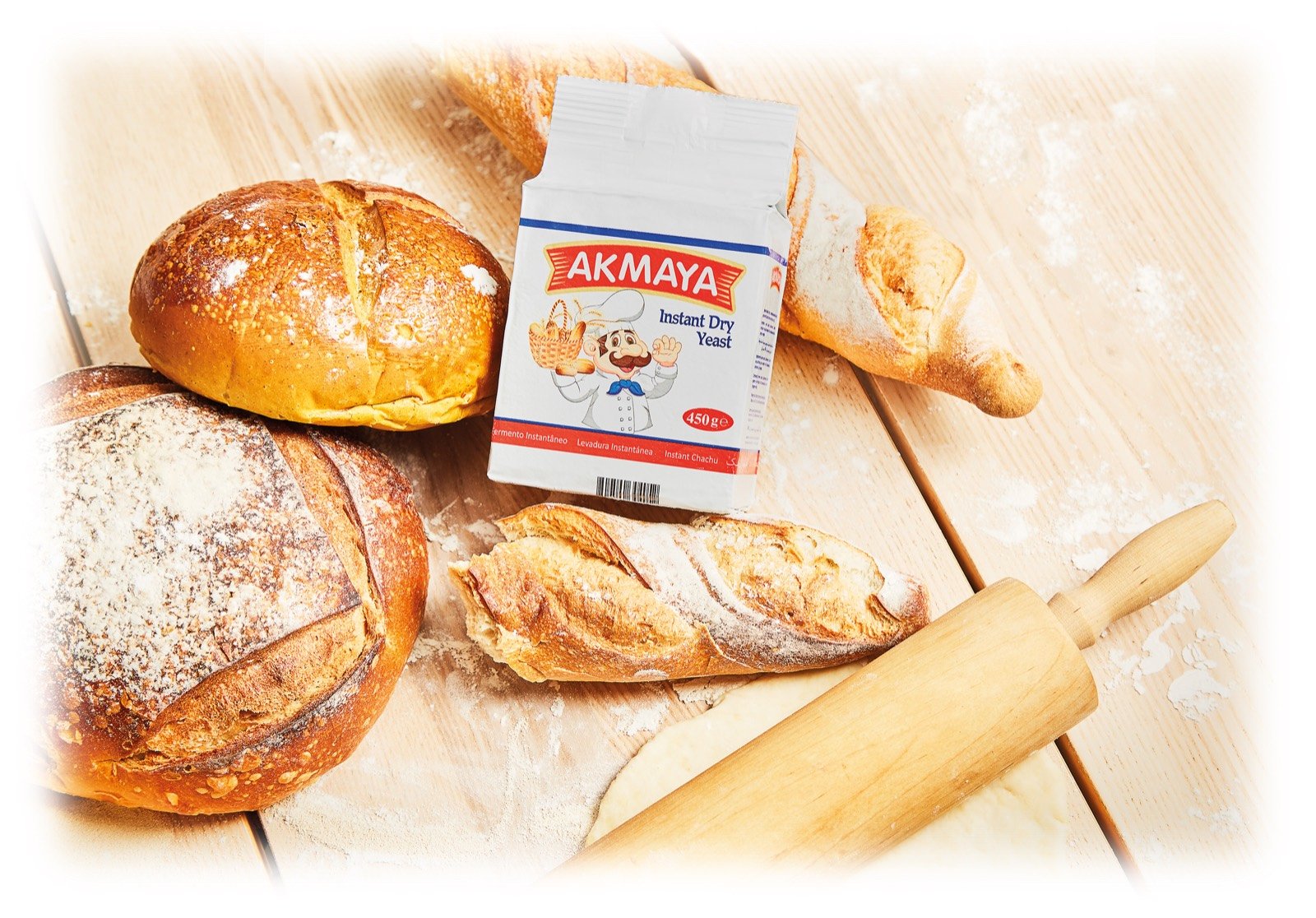 Bread and dough on a bakery table